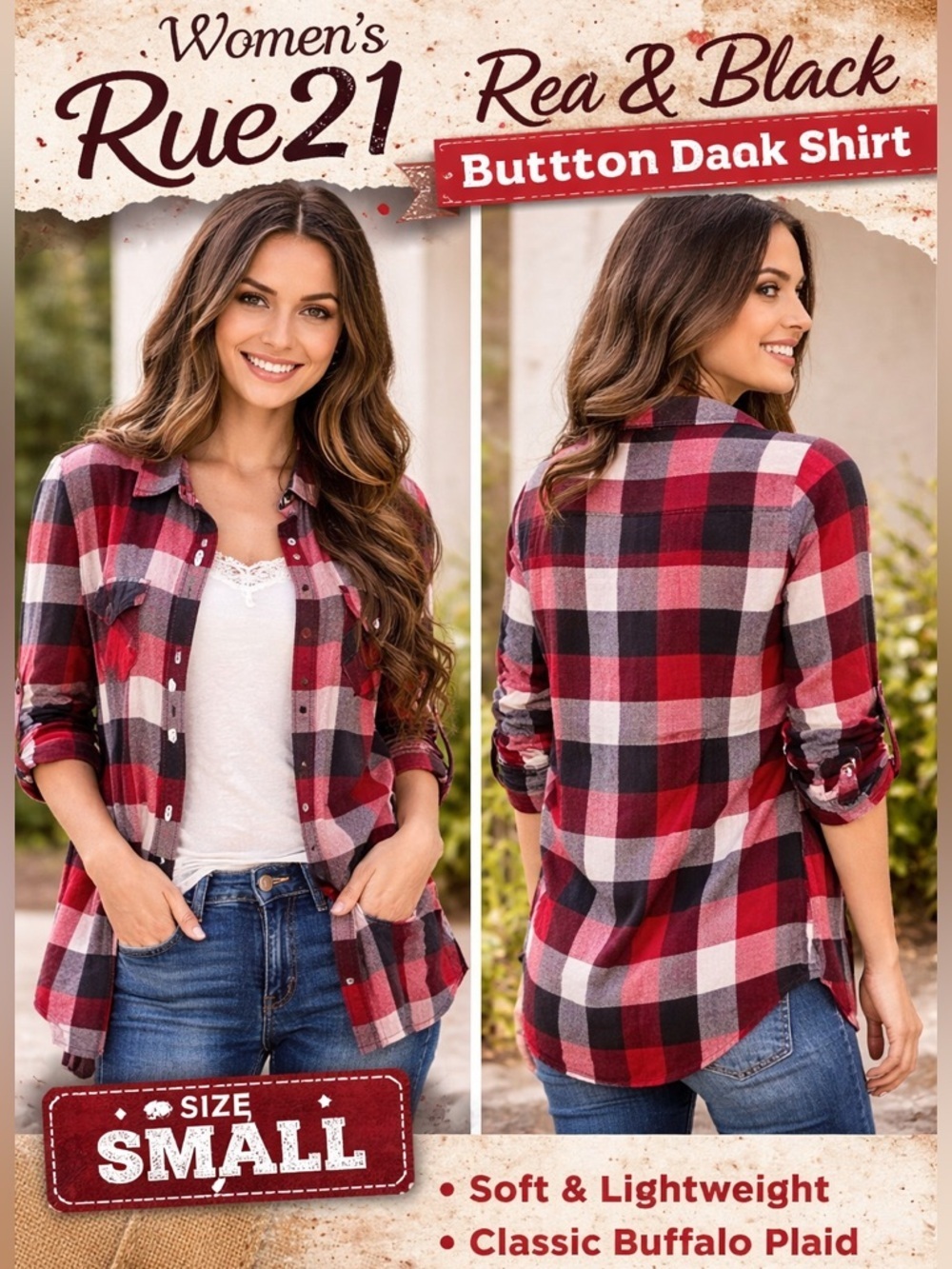 Rue21 Red and Black Plaid Button Down Shirt SMALL